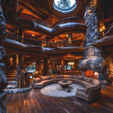 Mythical Backgrounds, Log Cabin Mansions, Mansion Living Room, Mansion Living, Modern Log Cabins, Mountain Dream Homes, House Arch Design, Rustic Home Design, Fantasy Homes