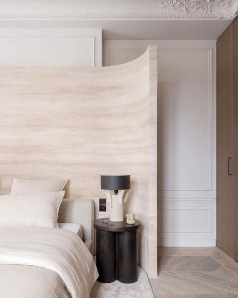 ADAM HUNTER on Instagram: "A Calm Elegance. @felixmillory @felixmillorydesign  📸: @gregorycoprophoto" Marble Headboard, Parisian Interior Design, Curved Bed, Parisian Interior, Store Design Boutique, British Home, Curved Headboard, Bedroom Corner, The Marble