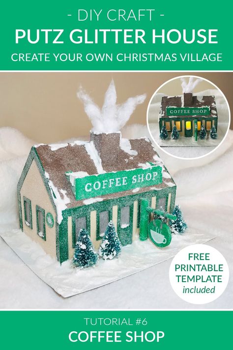 Diy Christmas Village Houses, Diy Projects For Adults, Paper House Template, Glitter House, Christmas Village Sets, Free Printable Templates, Cute Coffee Shop, Cat Prints, Diy Christmas Village