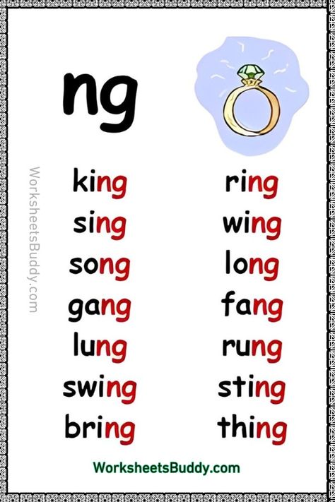 NG Word Family Worksheets For Kindergarten Cvs Words Worksheet, Ng Words Worksheets, In Family Words, Ng Words, In Word Family, Oa Words, Letter W Activities, Pattern Worksheets For Kindergarten, Word Family List