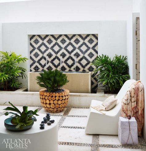 Floridian Flair - Atlanta Homes and Lifestyles Moroccan Backyard, Beach Week, English Room, Modern Mediterranean, Ground Pools, Design Bar, Wall Fountain, Atlanta Homes, Patio Interior