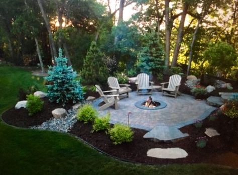 patio with sunken fire pit and landscaping Shed Inspiration, Diy Outdoor Fireplace, Outdoor Fire Pit Designs, Fire Pit Landscaping, Fire Pit Area, Fire Pit Designs, Backyard Inspiration, Fire Pit Patio, Backyard Fire