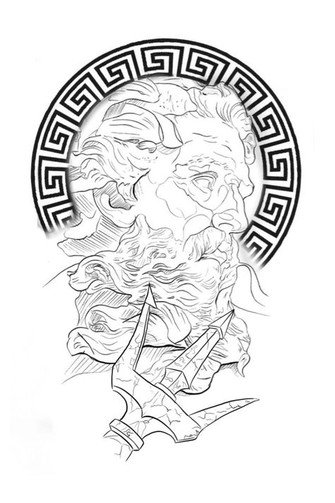 Greek Tattoo Stencil, Poseidon Tattoo Stencil, Zeus Tattoo Stencil, Greek Mythology Tattoos Sleeve Ideas, Realistic Tattoo Stencil, Women Tattoos For Men, Poseidon Tattoo Design, Ideas Tattoos For Women, Zeus Tattoo Design