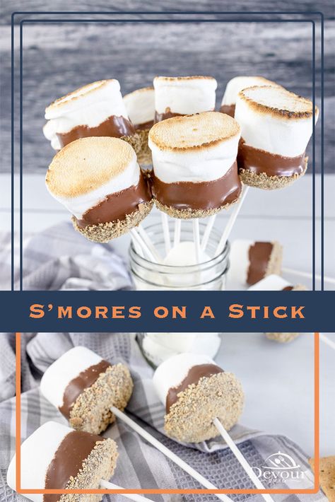 Marshmallow On Stick Ideas, Make Ahead Smores, S’more Fun Birthday, S'mores On A Stick, S’mores Pops, S’mores On A Stick, Smores On A Stick, Its Smore Fun Being One, Ultimate Smores