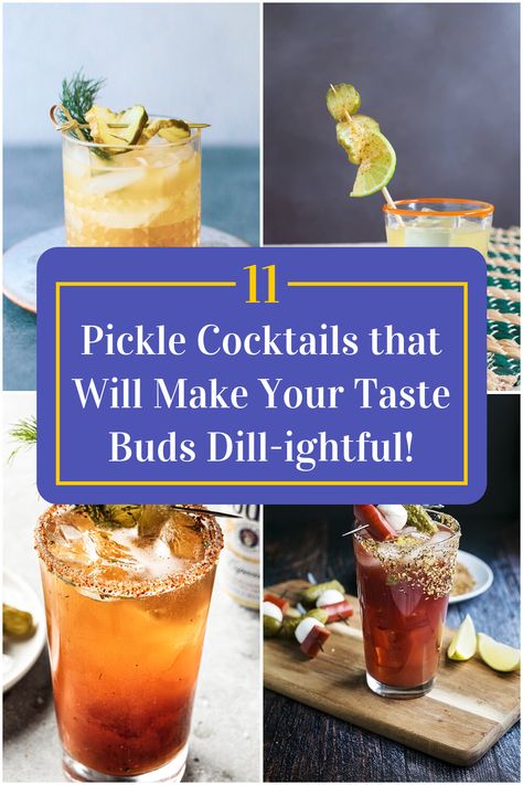 Collage of 4 pickle cocktails. Pickle Alcoholic Drink, Pickled Vodka, Pickle Cocktail, Moonshine Cocktails, Pickle Vodka, Vodka Recipes Drinks, Best Pickles, Whiskey Recipes, Spicy Pickles