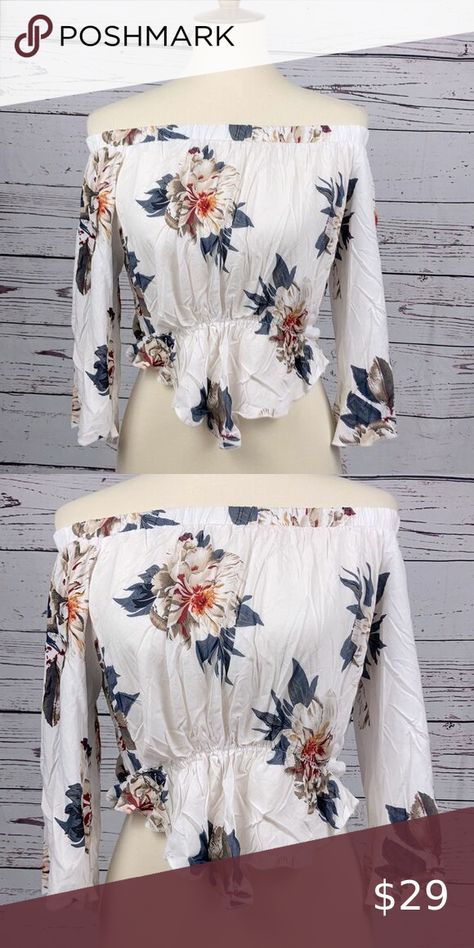 WHITE Shoulderless Floral Crop Top Floral Crop Tops, Pink Brown, White Blue, White Shorts, Bell Sleeves, Bell Sleeve Top, Color White, Crop Top, Crop Tops