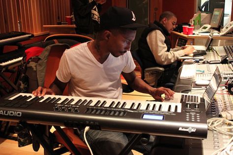 Pharrell in studio creating music. Taken Film, Artist Workspace, Producer Studio, Radio Design, Music Studio Room, Famous Musicians, Getting Played, Home Studio Music, The Creative Process