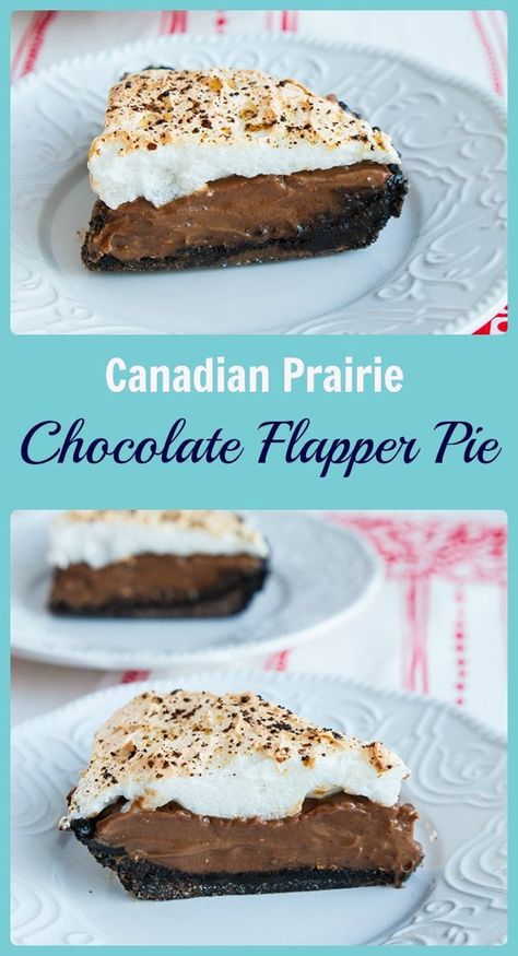 Chocolate Flapper Pie recipe, a delicious chocolate version of the Canadian Prairie classic! From @kitchenmagpie Canadian Desserts, Canadian Foods, Chocolate Confections, Flapper Pie, Canadian Dessert, Canadian Recipes, Desserts Homemade, Canadian Cuisine, Canadian Culture