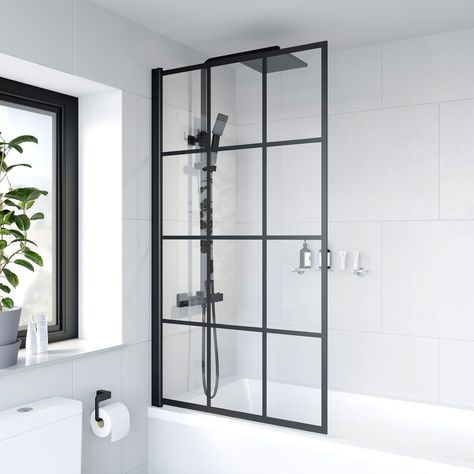 luxura-square-grid-bath-screen-black-780mm-width Shower Screen Door, Bath Shower Screen, British Bathroom, Straight Baths, Square Bath, Shower Over Bath, Square Grid, Bath Shower Screens, Black Bath