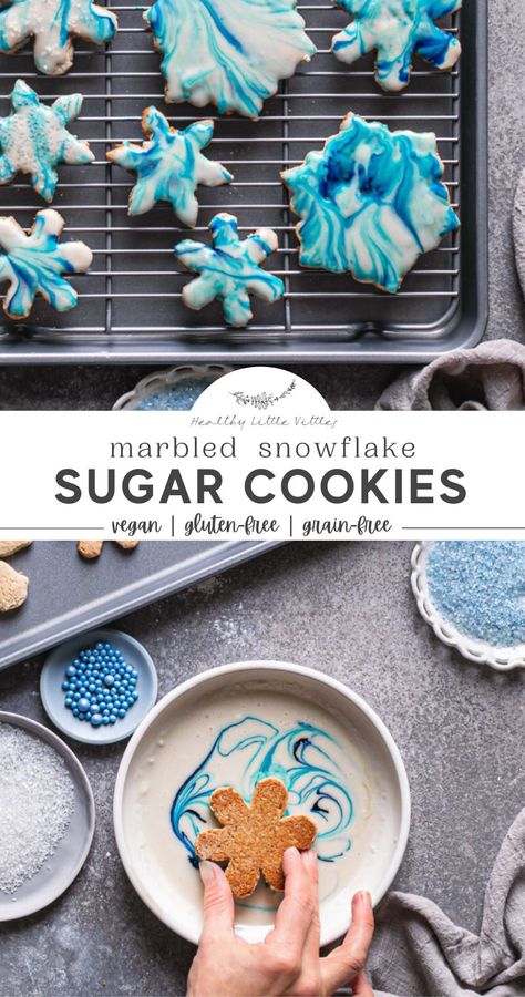 Marbled Snowflake Sugar Cookies - Healthy Little Vittles | This grain-free cookie recipe is the easiest cut-out sugar cookies to make for the holidays! Dip the cookies in a homemade powdered sugar marble icing for the most beautiful snowflake cookie design! They are also gluten-free, vegan and delicious. Blue Snowflake Cookies, Marble Dipped Cookies, Marbled Icing Cookies, Snowflake Cutout Cookies, Marbled Sugar Cookies, Marble Sugar Cookies, Homemade Powdered Sugar, Snowflake Sugar Cookie, Healthy Sugar Cookies