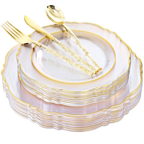 PRICES MAY VARY. 🍰【BAROQUE DESIGN】Our baroque 150pcs gold plastic plates are unique and beautiful. The gold plastic silverware is composed of two parts, a gold cutlery head and a gold glitter bamboo handle. These gold clear plastic plates are perfect for weddings for 30 guests. 🍰【PREMIUM PLASTIC MATERIAL】These gold wedding plates are made of good plastic material. That's both durable and strong suitable for 30 gusets. The gold plates sets are not break or crack easily. 🍰【RECYCLABLE & REUSABLE Gold Wedding Plates, Gold Disposable Plates, Plates For Wedding, Gold Plastic Silverware, Clear Plastic Plates, Gold Plastic Plates, White Plastic Plates, Gold Plates, Disposable Plastic Plates