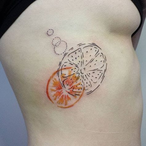 Abstract watercolor linework orange tattoo by Aline Wata.  #orange #citrus #fruit #abstract #watercolor #linework #AlineWata Orange Tattoo, Tattoo Linework, Fruit Tattoo, Frilled Sleeves, Geometric Tattoos, Orange Citrus, Healing Tattoo, Arm Band Tattoo, Line Work Tattoo