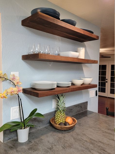 Shelves On Side Of Kitchen Cabinet, Walnut Floating Shelf, Modern Walnut Kitchen, Brown Kitchen Ideas, Walnut Kitchen Cabinets, Heavy Duty Floating Shelves, Walnut Floating Shelves, Kitchen Floating Shelves, Custom Floating Shelves