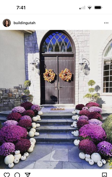 Purple Mums White Pumpkins, All Shades Of Purple, Purple Mums, Fall Porch, White Pumpkins, Halloween Outdoor Decorations, Porch Decor, Diy Halloween Decorations, House Designs Exterior