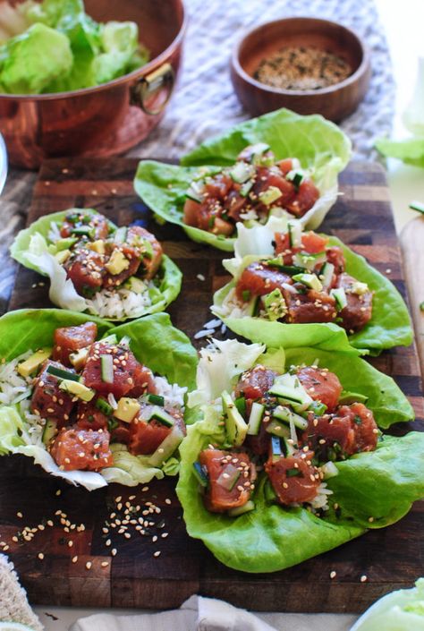 Spicy Tuna Poke, Tuna Lettuce Wraps, Bev Cooks, Raw Tuna, Tuna Poke, Spicy Tuna, Tuna Recipes, Paleo Dinner, Lettuce Wraps