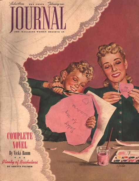 Ladies' Home Journal Magazine, February 1939 (Al Parker) Journal February, Valentine Poster, Old Magazine, Ladies Home Journal, Home Journal, Pink Posters, Vintage Americana, Old Magazines, Old Ads