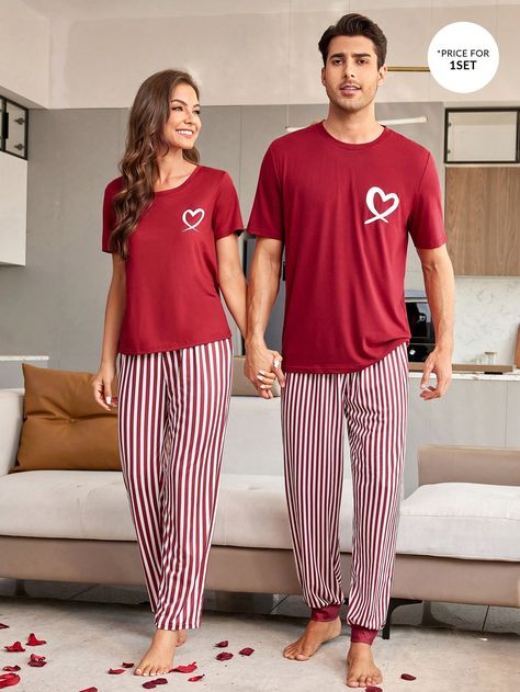 Men's Heart Printed Top And Striped Long Pants Homewear SetI discovered amazing products on SHEIN.com, come check them out! Men's Nightgown, Men Loungewear, Striped Pant, Father's Day Diy, Matching Couple Outfits, Night Suit, Couple T-shirt, Loungewear Sets, Plaid Pants