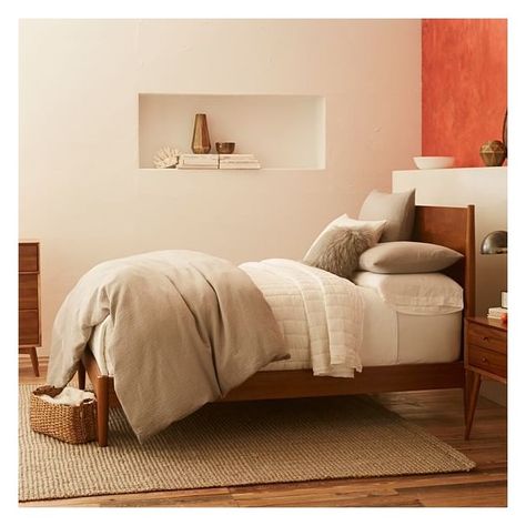 West Elm Mid-Century Bed Frame, Twin, Acorn ($799) ❤ liked on Polyvore featuring home, furniture, beds, mid century bed, acorn bed, mid century headboard, west elm and acorn furniture 60s Inspired Bedroom, Acorn Bed, Mid Century Bedframe, Mid Century Bed Frame, Manor Bedroom, Southwest Bedroom, Modern King Bed, Light Walls, Modern Upholstered Beds