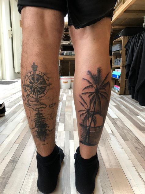 Men’s Calf Tattoo, Beach Tattoo For Men, Back Of Leg Tattoos, Tattoo Quotes For Men, Best Leg Tattoos, Lower Leg Tattoos, Palm Tattoos, Tattoo Inspiration Men, Leg Tattoo Men