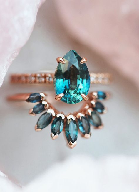 Raw Rings, Wishbone Rings, Blue Green Sapphire Engagement Ring, Sapphire Crown, Peacock Sapphire, Teal Sapphire Ring, Sapphire And Diamond Band, Wedding Ring Shapes, Sapphire Engagement Ring Set