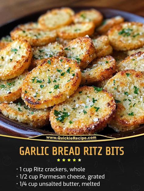 Quick & Easy Recipes | Garlic Bread Ritz Bits Garlic Bread Bits, Garlic Ritz Bits Crackers, Savoury Appetizers Easy, Crunchy Garlic Bread Ritz Bits, Garlic Ritz Cracker Recipes, Ritz Dessert Recipes, Party Rye Bread Appetizers, French Bread Appetizers Simple, Garlic Bread Ritz Bits