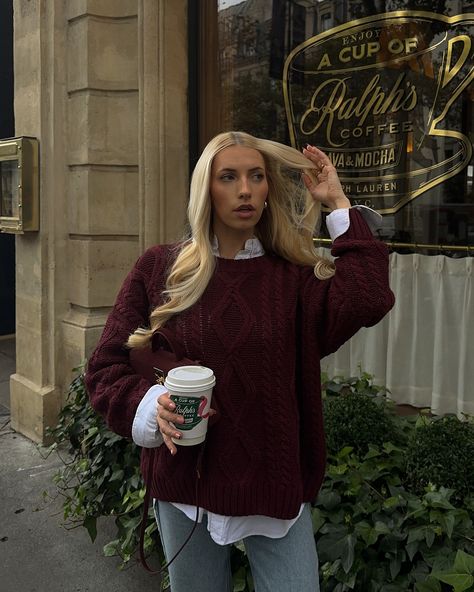 Category is: burgundy 🥀🍂☕️ Outfit linked on LTK 🫶🏻 . . . . . #falloutfit #fallstyle #burgundyoutfit #cozystyle #fallfashion #fallfashiontrends #cphstyle #scandistyle sweater style, burgundy outfit, sweater outfit, Scandinavian inspired, scandi style Burgundy Sweater Outfit, Berry Sweater, Red Sweater Outfit, Sweater Outfit Ideas, Winter Sweater Outfits, Burgundy Outfit, White Collared Shirt, Pullover Outfit, Sweater Outfit