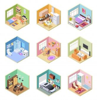 Isometric Rooms, Living Room Vector, Isometric Room, Bedroom Toilet, Bedroom Illustration, Castle Vector, Isometric Drawing, House Living Room, 3d Vector