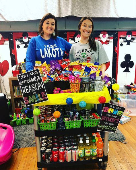 Pto Teacher Breakfast, Cheer Cart For Teachers, Teacher Incentives For Teachers, Teachers Lounge Treat Ideas, Valentines Teacher Snack Cart, Coffee Cart Teachers, Employee Appreciation Snack Cart, School Snack Cart Ideas, Teacher Happy Cart Ideas