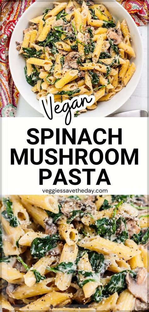 Kale Pasta Recipe, Healthy Vegan Pasta, Vegan Pasta Bake, Dairy Free Pasta Recipes, Vegan Mushroom Pasta, Spinach Mushroom Pasta, Mushroom Recipes Vegan, Spinach Pasta Recipes, Creamy Vegan Pasta