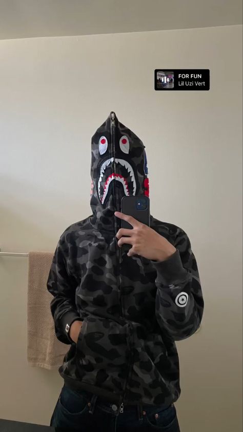 Bape Jacket Outfit, Bape Hoodie Outfit, Bape Shark Hoodie Outfit, Bape Shark Hoodie Aesthetic, Fake Bape Hoodie, Boys Covering Face, Bape Shark Hoodie, Bape Shark Jacket, Shark Hoodie Black