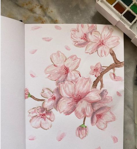 Cherry Blossom Pastel Drawing, How To Draw A Blossom Tree, Cherry Blossom Sketch Drawings, Cherry Blossom Drawing Pencil, Cherry Blossom Flower Painting, Tree Pastel Drawing, Sakura Sketch Flower, Aesthetic Art Drawing Paintings, How To Draw Sakura Flower