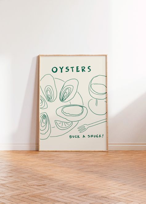 Oyster Poster, Buck a Shuck Oyster Art Print, Modern Food Wall Art, Restaurant Art Print, Contemporary Wall Art, Dinner Party Art, Eclectic Oyster Wall Art, Oyster Poster, Oyster Drawing, Oyster Illustration, Oyster Party, Kitchen Collage, Wall Art Restaurant, Posters Dorm, Colorful Kitchen Art