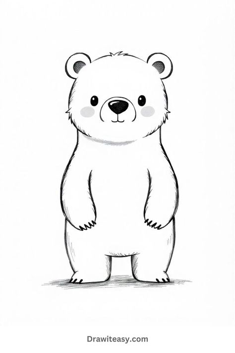 A standing cartoon bear looking directly ahead with a cute, soft expression, sketched in a simplistic style. Animal Sketches Pencil, Easy Animals To Draw, Animals To Draw, Easy Animal Drawings, Easy Animals, Bear Drawing, Simple Cartoon, Drawing For Beginners, Animal Sketches