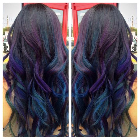 Blue And Purple Bayalage Hair, Dark Brown Hair With Bright Colors, Vivid Ombre Hair, Brown Hair With Bright Colors, Oilslick Haircolor, Blue Purple Black Hair, Black Blue And Purple Hair, Dark Purple Peekaboo Hair, Purple Bayalage Hair