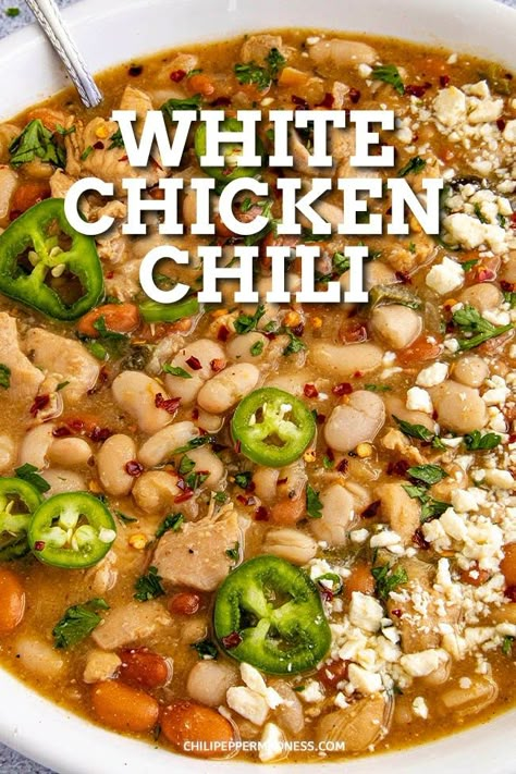 Chicken Chili Cream Cheese, White Chicken Chili Cream Cheese, Chili White Chicken, Chicken Chili White, Spicy Chicken Chili, White Bean Chicken Chili Recipe, White Chicken Chili Recipe Crockpot, Chili White, Chicken Chili Crockpot