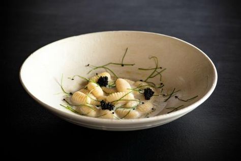 Potato Gnocchi with Chive and Caviar by Joseph Vargetto Fine Dining Gnocchi, Gnocchi Plating, Artist Table, Gnocchi Recipes Homemade, Fine Dining Plating, Artistic Food, Christmas Cookies Packaging, Gourmet Food Plating, Caviar Recipes