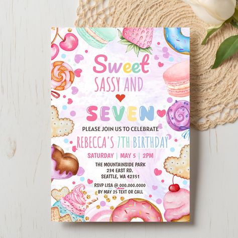 Sweet Sassy and Seven, 7th Girl Birthday Invitation, cotton candy sweets donut ice cream cupcake, Any Age Birthday Invitation Girls 7th Birthday, Ice Cream Cupcake, Donut Ice Cream, Ice Cream Cupcakes, Party Stationery, Birthday Invitations Girl, Wedding Invitations Diy, 7th Birthday, Diy Printables