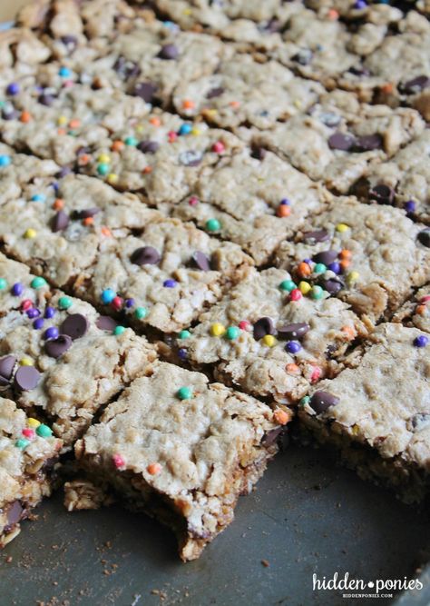 Monster Cookie Bars Jelly Roll Pan, Jelly Roll Pan Bars, Monster Cookie Bars Recipe, Monster Bar, Oatmeal Cookie Bars, Monster Cookie Bars, Monster Cookie, Peanut Butter Oatmeal Cookies, Cookie Bar