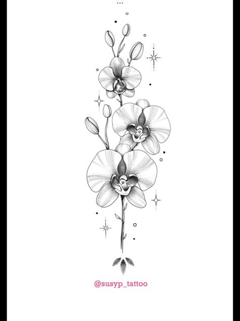 Vanilla Orchid Tattoo, Orchid And Water Lily Tattoo, Orchid With Butterfly Tattoo, Orkid Flower Tattoo Design, White Orchids Tattoo, Lavender And Orchid Tattoo, Moon Orchid Tattoo, Orchid Floral Design, Orchid Tattoo Drawing