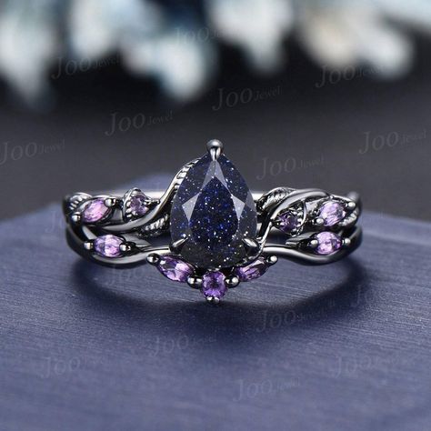 Blue Goldstone Ring, Dark Wedding Rings, Dark Engagement Ring, Black Gold Wedding Rings, Blue Sandstone Ring, Blue Sandstone Engagement Ring, Amethyst Wedding Band, Gold Wedding Ring Set, Amethyst Wedding Rings