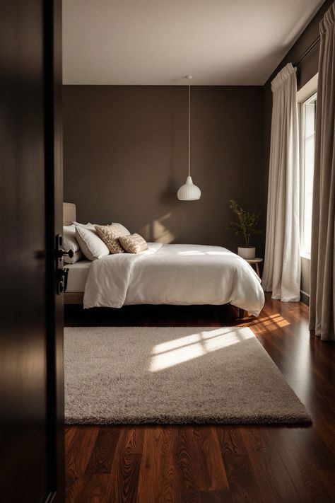 25 Stunning Black and Brown Bedroom Ideas That Exude Warmth and Sophistication Moody Hygge Bedroom, Brown Guest Bedroom Ideas, Soft Moody Bedroom, Brown Moody Bedroom, Vintage Dark Bedroom, Brown Wall Bedroom Ideas, Brown Wall Bedroom, Brown Bedroom Ideas Cozy, Light Brown Room