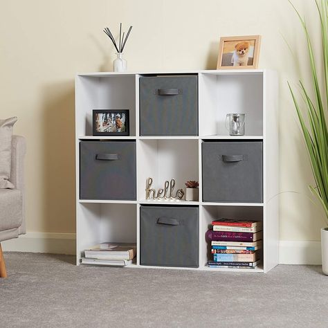 Hartleys White 9 Cube Unit & 4 Grey Storage Drawers: Amazon.co.uk: Kitchen & Home 9 Cube Storage, Cube Basket, Cube Storage Unit, Storage Cube, Grey Storage, Fabric Storage Boxes, Playroom Storage, Cube Shelves, Canvas Storage