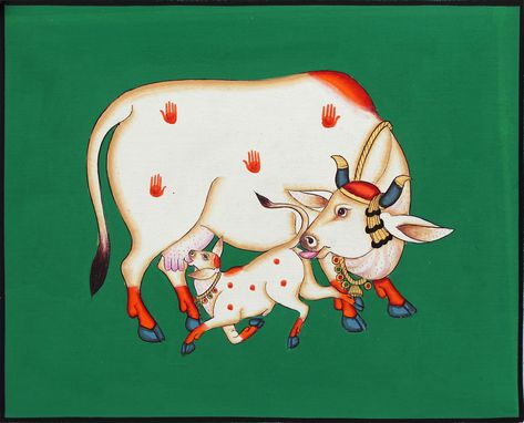 Traditional wall painting of cow and her calf for home decor. https://etsy.me/37UPHVf #art #painting #unframed #vertical #green #white #animal #watercolor #homedecor Traditional Wall Painting, Painting Of Cow, Traditional Wall Paint, Cows Painting, Drawing Indian, Painting On Cloth, Cow And Calf, Cow Drawing, Pichwai Paintings