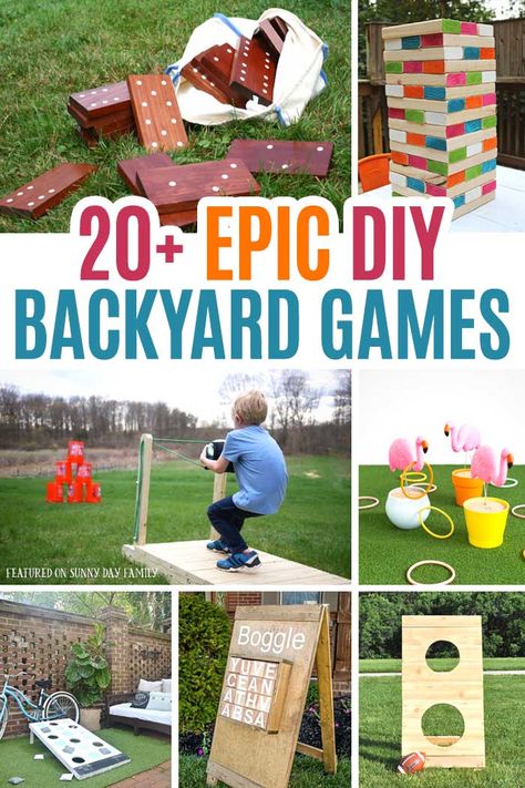 Over 20 awesome DIY backyard games your family will love! Perfect for backyard parties, family game night, or just for fun, your kids will love these giant outdoor games. With everything from giant Boggle to corn hole and Jenga, you'll find the perfect backyard DIY project for your family. #DIY #backyard #summer #familygamenight #partyideas Backyard Game Ideas, Backyard Games For Kids, Backyard Games Diy, Giant Outdoor Games, Game Ideas For Kids, Backyard Games Kids, Backyard Party Games, Diy Yard Games, Summer Boredom