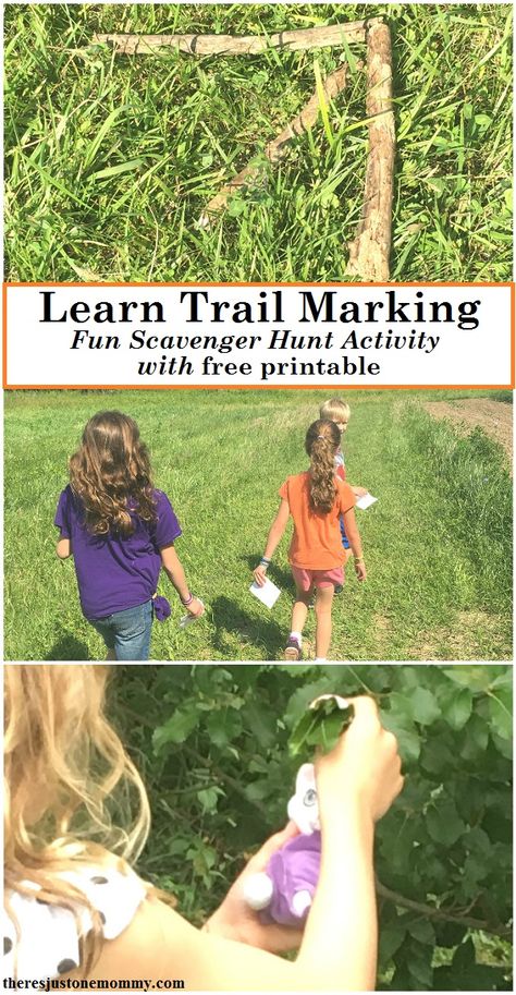 Do your kids love scavenger hunts? Teach Trail Marking skills with this simple trail blazing activity. Get a free printable by clicking through to There's Just One Mommy. Trail Marking, Kids Survival Skills, Trail Life, Forest School Activities, Nature School, Outdoor Education, Scavenger Hunts, Nature Camping, School Survival