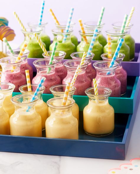 Recipe: Kids' Smoothie Tower | green smoothie recipe, berry smoothie, Greek yogurt recipe ideas, tropical smoothie, kids birthday party, party food, brunch party Smoothie Party, Birthday Breakfast Party, Smoothie Recipies, Kids Brunch, Smoothie Shop, Kids Cafe, Party Dessert Table, Smoothie Bar, Birthday Breakfast