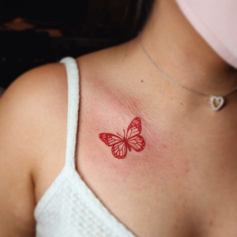 Small Red Butterfly Tattoo, Tattoo Ideas With Deep Meaning, Red Ink Butterfly Tattoo, Small Baddie Tattoos, Red Ink Butterfly, Red Butterfly Tattoo, Tattoo Papillon, Butterfly Name Tattoo, Butterfly Tattoo Ideas