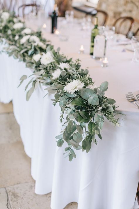 Table Flowers Swag Garland White Greenery Foliage Sweet Peas Fern Healey Barn Wedding Amy Lou Photography #Flowers #swag #garland #table #White #Greenery #Foliage #wedding Wedding Top Table, Table Garland, Rustic Wedding Decorations, Barn Wedding Decorations, Bridal Table, Wedding Table Flowers, Whimsical Wonderland Weddings, Wedding Table Decorations, Head Table