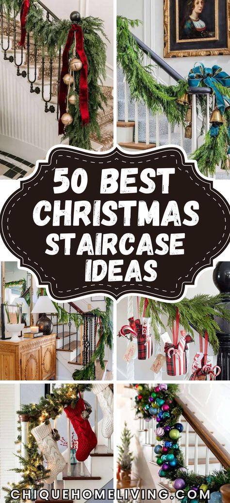 Stockings On Stairs With Garland, Christmas Decor For Staircase Railings, Staircase Decor For Christmas, Stairs Xmas Decorations, Decorating Staircase For Christmas, Xmas Decor For Stairs, Multiple Christmas Trees Together, Christmas Banister Ideas, Christmas Banister Decorations