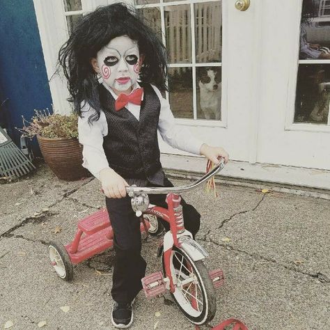 Kids Jigsaw Halloween Costume and makeup #jigsaw #saw #costume #kid #halloween #scary Saw Halloween Costume, Halloween Costume And Makeup, Saw Costume, Jigsaw Costume, Jigsaw Halloween, Saw Halloween, Jigsaw Saw, Kid Halloween, New Halloween Costumes